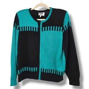 Mita Zip Up Cardigan Sweater Teal Black Geometric Print‎ Long Sleeve Size L